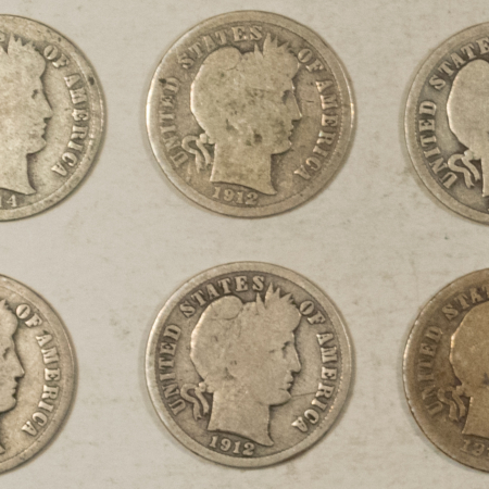 Barber Dimes 1912 1912-D 1913 X2 1914-D 1916 BARBER DIMES, LOT/6 – CIRCULATED!