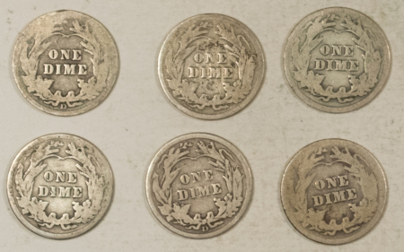 Barber Dimes 1912 1912-D 1913 X2 1914-D 1916 BARBER DIMES, LOT/6 – CIRCULATED!