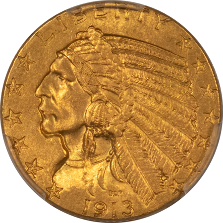 $5 1913 $5 INDIAN GOLD HALF EAGLE – PCGS MS-63