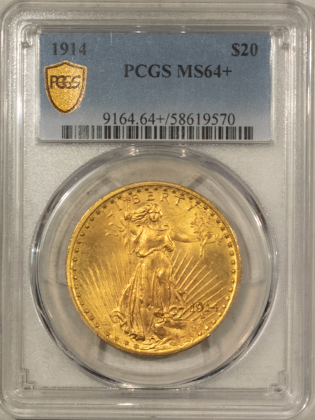 $20 1914 $20 ST GAUDENS GOLD DOUBLE EAGLE – PCGS MS-64+ PREMIUM QUALITY! RARE IN 65!
