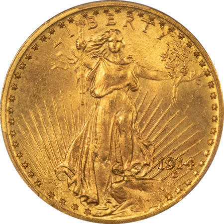 $20 1914 $20 ST GAUDENS GOLD DOUBLE EAGLE – PCGS MS-64+ PREMIUM QUALITY! RARE IN 65!