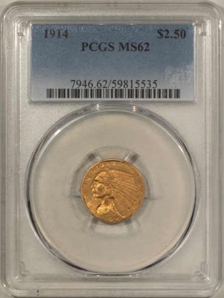 $2.50 1914 $2.50 INDIAN GOLD QUARTER EAGLE – PCGS MS-62
