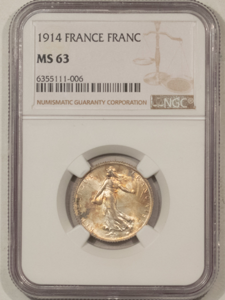 New Certified Coins 1914 FRANCE 1 FRANC SILVER – NGC MS-63, CHOICE & ORIGINAL, KM-844.1