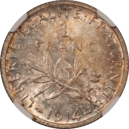 New Certified Coins 1914 FRANCE 1 FRANC SILVER – NGC MS-63, CHOICE & ORIGINAL, KM-844.1