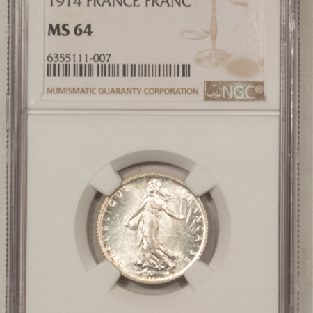 New Certified Coins 1914 FRANCE 1 FRANC SILVER – NGC MS-64, FLASHY & NEAR GEM, KM-844.1