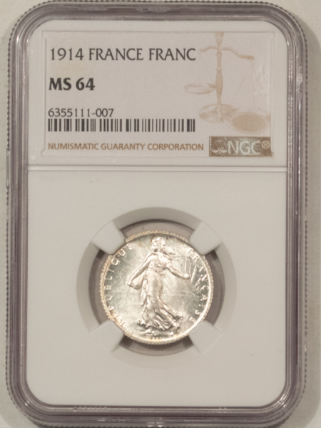 New Certified Coins 1914 FRANCE 1 FRANC SILVER – NGC MS-64, FLASHY & NEAR GEM, KM-844.1