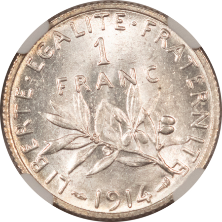 New Certified Coins 1914 FRANCE 1 FRANC SILVER – NGC MS-64, FLASHY & NEAR GEM, KM-844.1