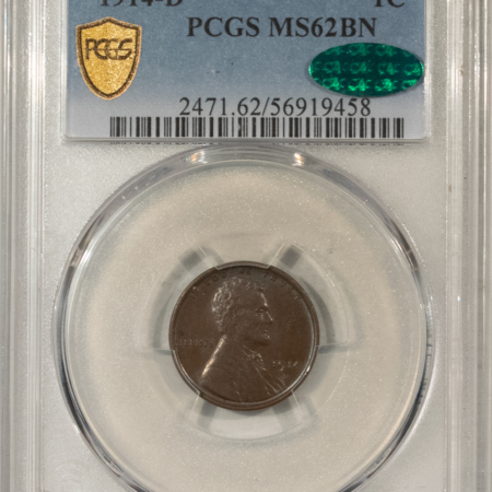 CAC Approved Coins 1914-D LINCOLN CENT – PCGS MS-62 BN, PREMIUM QUALITY! LOOKS 64+, CAC APPROVED!