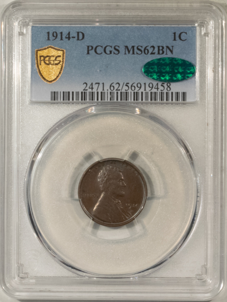 CAC Approved Coins 1914-D LINCOLN CENT – PCGS MS-62 BN, PREMIUM QUALITY! LOOKS 64+, CAC APPROVED!