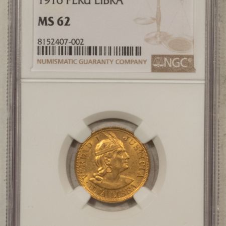 New Certified Coins 1916 PERU GOLD LIBRA, KM-207 – NGC MS-62