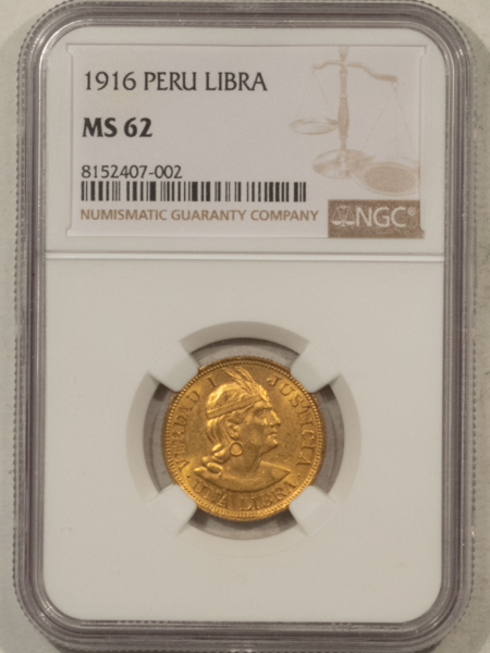 New Certified Coins 1916 PERU GOLD LIBRA, KM-207 – NGC MS-62