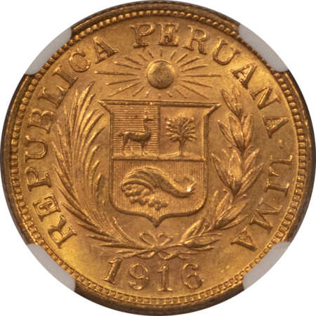 New Certified Coins 1916 PERU GOLD LIBRA, KM-207 – NGC MS-62