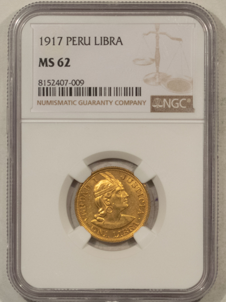 New Certified Coins 1917 PERU GOLD LIBRA, KM-207 – NGC MS-62