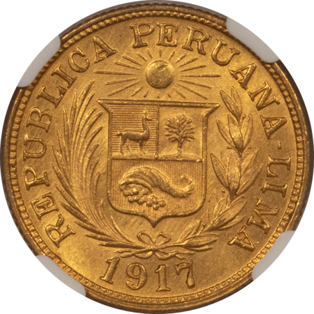 New Certified Coins 1917 PERU GOLD LIBRA, KM-207 – NGC MS-62