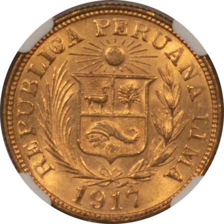 New Certified Coins 1917 PERU GOLD LIBRA, KM-207 – NGC MS-62