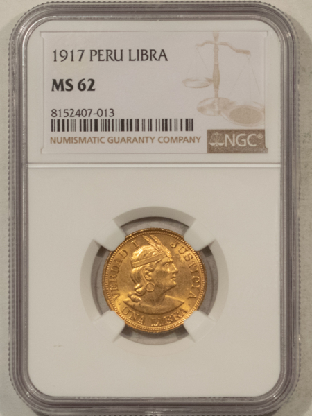 New Certified Coins 1917 PERU GOLD LIBRA, KM-207 – NGC MS-62