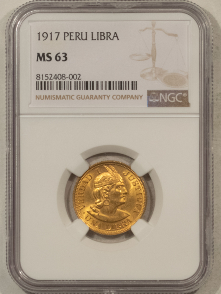 New Certified Coins 1917 PERU GOLD LIBRA, KM-207 – NGC MS-63