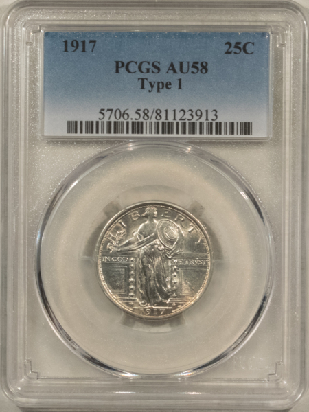 New Certified Coins 1917 STANDING LIBERTY QUARTER TY I PCGS AU-58, LOOKS 63! WHITE, PREMIUM QUALITY!