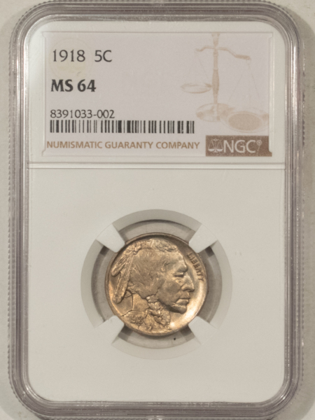 Buffalo Nickels 1918 BUFFALO NICKEL – NGC MS-64, FRESH & WELL-STRUCK