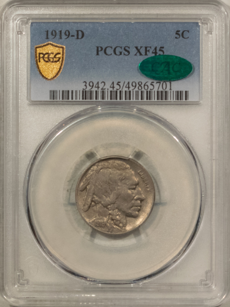 Buffalo Nickels 1919-D BUFFALO NICKEL – PCGS XF-45 CAC, ONLY 8 CAC AT THIS GRADE!