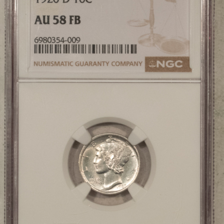 Dimes 1920-D MERCURY DIME – NGC AU-58 FB, WHITE WITH SHARP FULL BANDS!