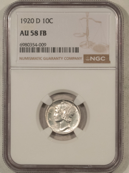 Dimes 1920-D MERCURY DIME – NGC AU-58 FB, WHITE WITH SHARP FULL BANDS!