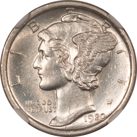 Dimes 1920-D MERCURY DIME – NGC AU-58 FB, WHITE WITH SHARP FULL BANDS!