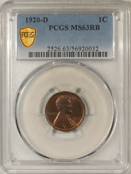 Lincoln Cents (Wheat) 1920-D LINCOLN CENT – PCGS MS-63 RB, TOUGH COIN!