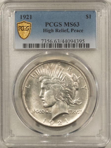 Dollars 1921 $1 PEACE DOLLAR, HIGH RELIEF – PCGS MS-63