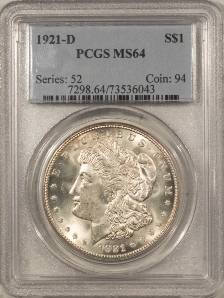Dollars 1921-D $1 MORGAN DOLLAR – PCGS MS-64, SUPER PREMIUM QUALITY!
