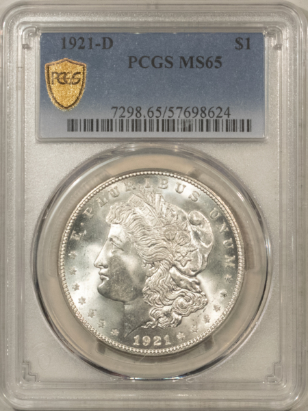 Dollars 1921-D MORGAN $1, PCGS MS-65, A BLAZING WHITE HEADLIGHT-UNBELIEVABLE LUSTER!