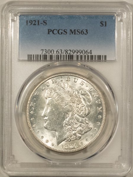 Dollars 1921-S $1 MORGAN DOLLAR – PCGS MS-63, PREMIUM QUALITY!