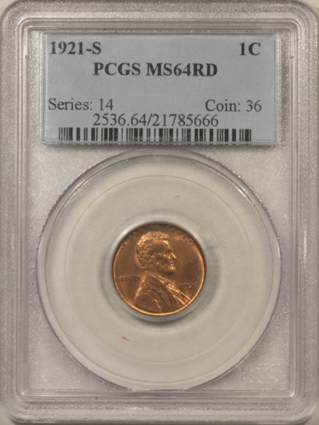 Lincoln Cents (Wheat) 1921-S LINCOLN CENT – PCGS MS-64 RD, SCARCE DATE! UNUSUALLY NICE!