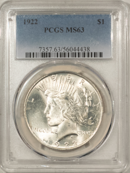 Dollars 1922 $1 PEACE DOLLAR – PCGS MS-63, WHITE