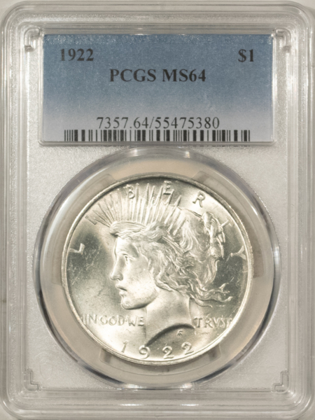 Dollars 1922 $1 PEACE DOLLAR – PCGS MS-64, NICE WHITE