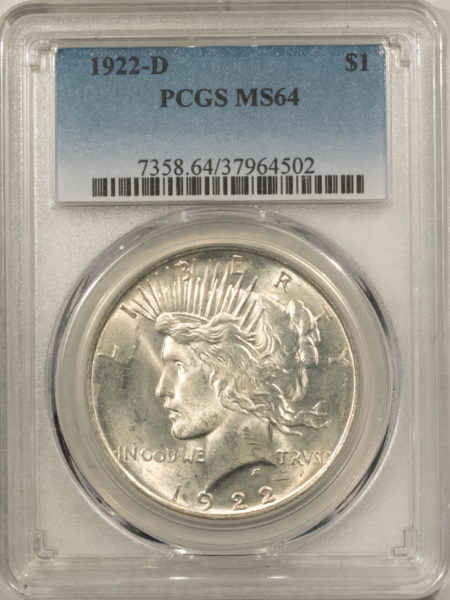Dollars 1922-D $1 PEACE DOLLAR – PCGS MS-64 WHITE