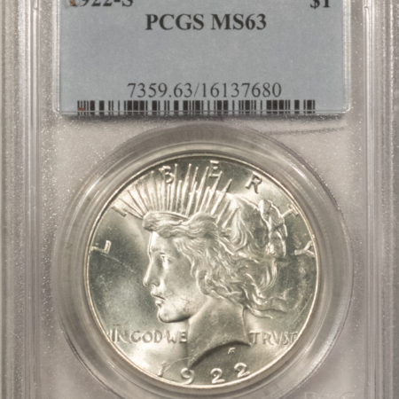 Dollars 1922-S $1 PEACE DOLLAR – PCGS MS-63, 64+ QUALITY! PREMIUM QUALITY!