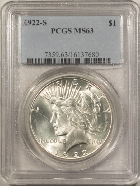 Dollars 1922-S $1 PEACE DOLLAR – PCGS MS-63, 64+ QUALITY! PREMIUM QUALITY!