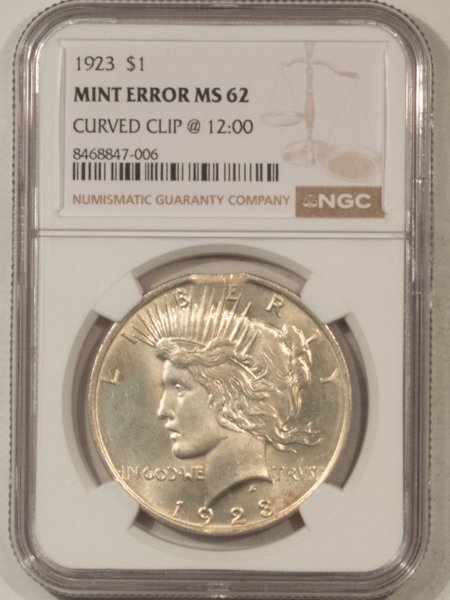 Dollars 1923 $1 PEACE DOLLAR MINT ERROR – NGC MS-62, CURVED CLIP @ 12:00