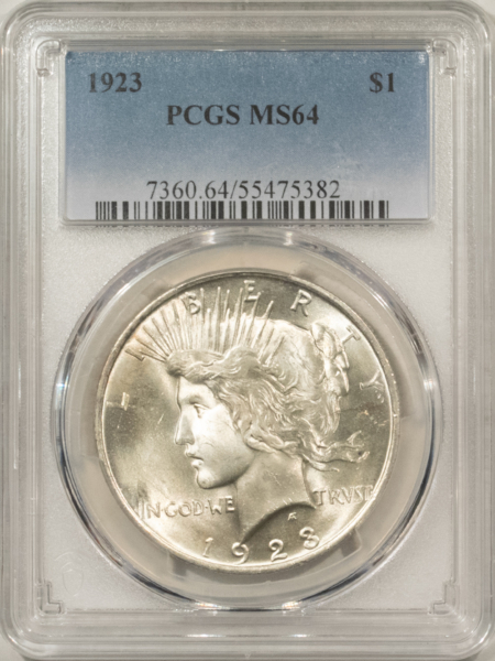 Dollars 1923 $1 PEACE DOLLAR – PCGS MS-64 FRESH WHITE, LOOKS GEM!
