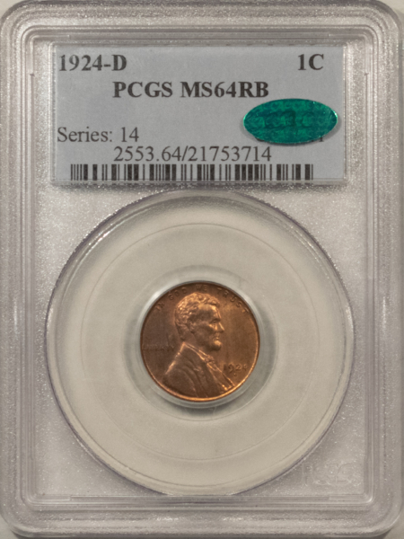 CAC Approved Coins 1924-D LINCOLN CENT – PCGS MS-64 RB, LOOKS GEM, PREMIUM QUALITY & CAC APPROVED!