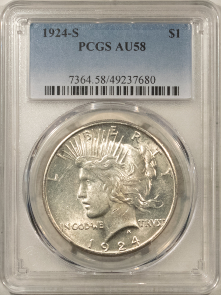 Dollars 1924-S $1 PEACE DOLLAR – PCGS AU-58, LOOKS BU! PREMIUM QUALITY!