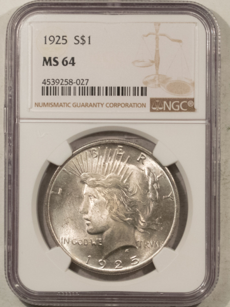 Dollars 1925 $1 PEACE DOLLAR – NGC MS-64 SATINY SMOOTH & NICE!