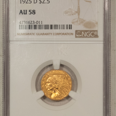 $2.50 1925-D $2.50 INDIAN GOLD QUARTER EAGLE – NGC AU-58, LUSTROUS!