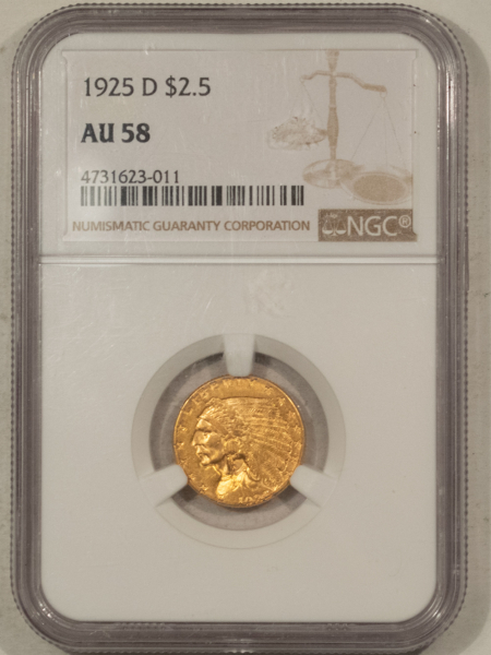 $2.50 1925-D $2.50 INDIAN GOLD QUARTER EAGLE – NGC AU-58, LUSTROUS!