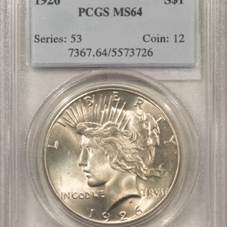 Dollars 1926 $1 PEACE DOLLAR – PCGS MS-64, LUSTROUS! LOOKS GEM! PREMIUM QUALITY+!