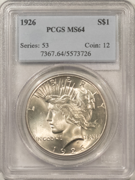 Dollars 1926 $1 PEACE DOLLAR – PCGS MS-64, LUSTROUS! LOOKS GEM! PREMIUM QUALITY+!