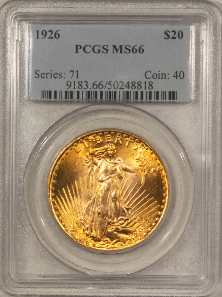$20 1926 $20 ST GAUDENS GOLD DOUBLE EAGLE – PCGS MS-66, GORGEOUS BLINDING LUSTER!