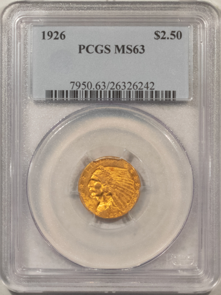 $2.50 1926 $2.50 INDIAN GOLD QUARTER EAGLE – PCGS MS-63, CHOICE!