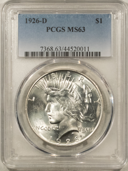 Dollars 1926-D $1 PEACE DOLLAR – PCGS MS-63, PREMIUM QUALITY BLAZER!